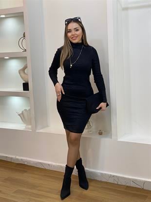 Siyah Varak Baskılı Triko Elbise