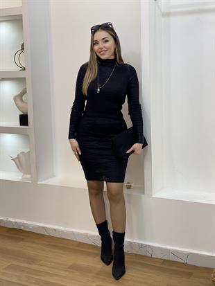 Siyah Varak Baskılı Triko Elbise