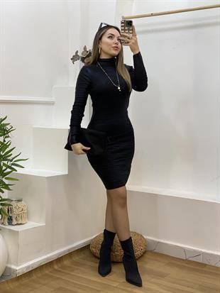 Siyah Varak Baskılı Triko Elbise