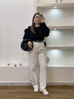 Siyah Volanlı Model Triko Kazak