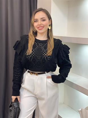 Siyah Volanlı Model Triko Kazak
