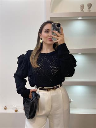 Siyah Volanlı Model Triko Kazak