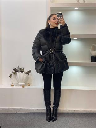 Siyah Yakası Kürklü Kemerli Model Şişme Mont