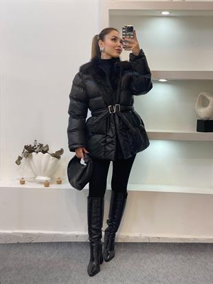 Siyah Yakası Kürklü Kemerli Model Şişme Mont