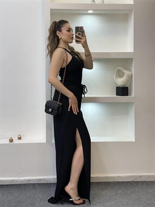 Siyah Yanları Yırtmaçlı Beli Lastikli Palazzo Pantolon 