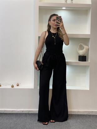 Siyah Yanları Yırtmaçlı Beli Lastikli Palazzo Pantolon 