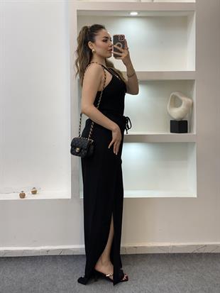 Siyah Yanları Yırtmaçlı Beli Lastikli Palazzo Pantolon 
