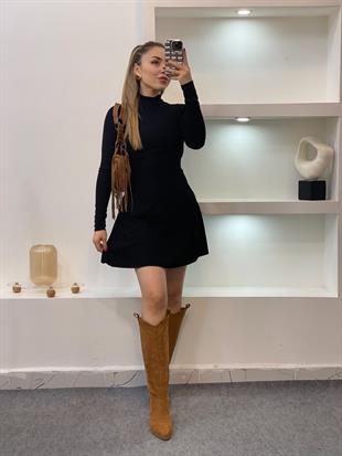 Siyah Yarım Boğazlı Modal Elbise