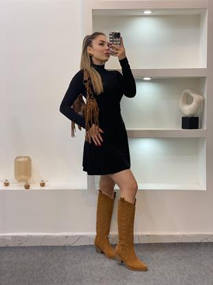 Siyah Yarım Boğazlı Modal Elbise