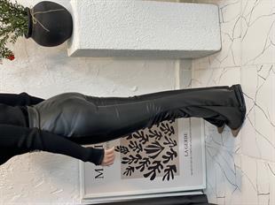 Siyah Yüksek Bel Deri Pantolon 