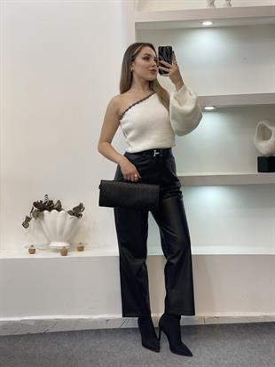 Siyah Yüksek Bel Deri Pantolon 