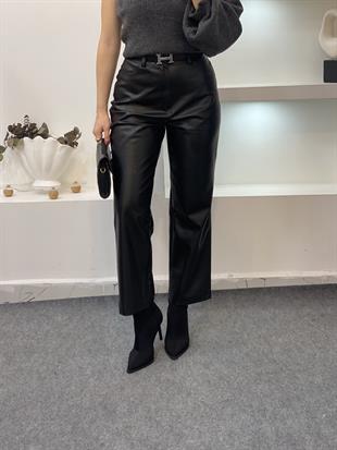 Siyah Yüksek Bel Deri Pantolon 