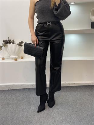 Siyah Yüksek Bel Deri Pantolon 