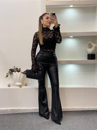 Siyah Yüksek Bel İspanyol Deri Pantolon 