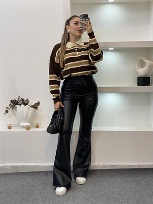 Siyah Yüksek Bel İspanyol Deri Pantolon 