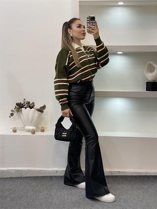 Siyah Yüksek Bel İspanyol Deri Pantolon 