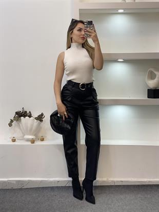 Siyah Yüksek Bel Kemerli Deri Pantolon 