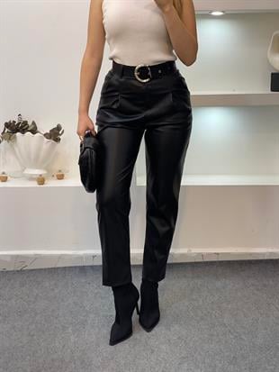 Siyah Yüksek Bel Kemerli Deri Pantolon 