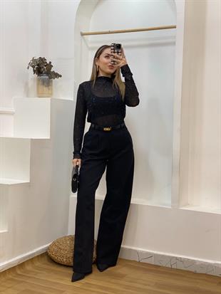 Siyah Yüksek Bel Palazzo Pantolon 