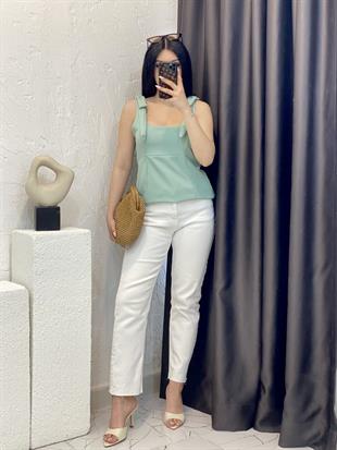 Su Yeşili Premium Kalite Omuz Fiyonk Detaylı Bluz