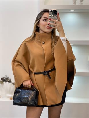 Taba Dik Yaka Kemerli Kaşe Panço