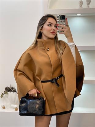 Taba Dik Yaka Kemerli Kaşe Panço