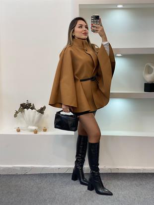 Taba Dik Yaka Kemerli Kaşe Panço