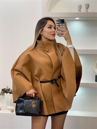 Taba Dik Yaka Kemerli Kaşe Panço