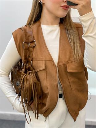 Taba Renk Süet Önü Cepli Yelek