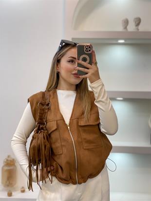 Taba Renk Süet Önü Cepli Yelek