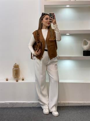 Taba Renk Süet Önü Cepli Yelek