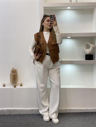 Taba Renk Süet Önü Cepli Yelek