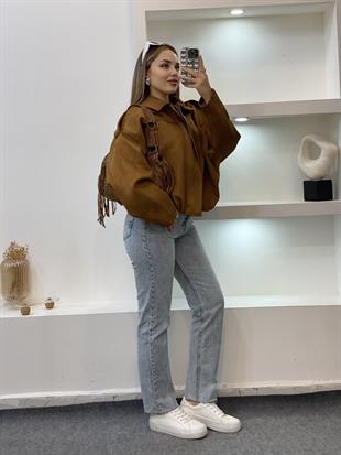 Taba Renk Süet Premium Kalite Omuz Apoletli Bomber Ceket 