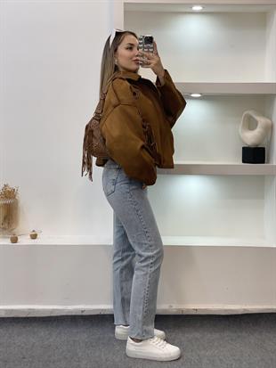 Taba Renk Süet Premium Kalite Omuz Apoletli Bomber Ceket 