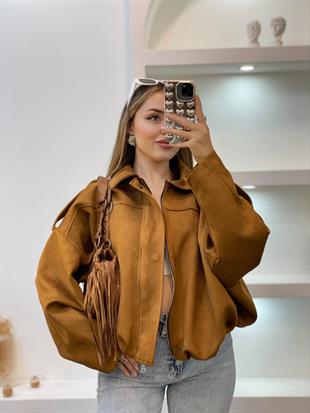 Taba Renk Süet Premium Kalite Omuz Apoletli Bomber Ceket 