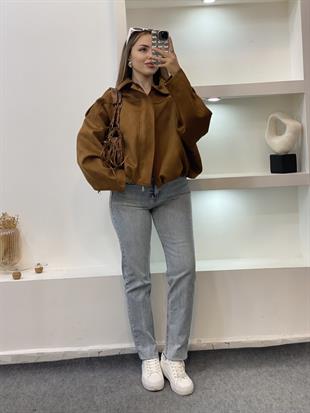 Taba Renk Süet Premium Kalite Omuz Apoletli Bomber Ceket 