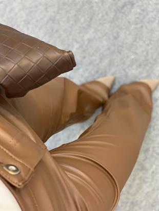 Taba Şardonlu Palazzo Deri Pantolon 