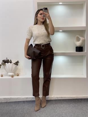 Taba Yüksek Bel Kemerli Deri Pantolon 