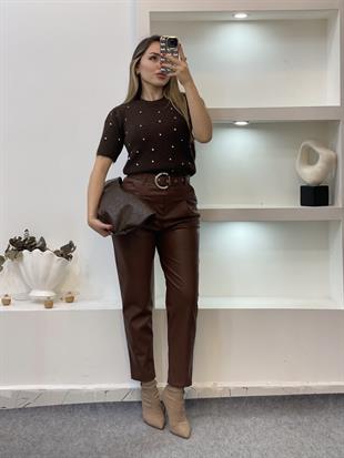 Taba Yüksek Bel Kemerli Deri Pantolon 