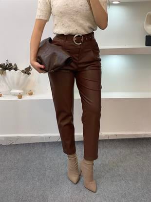 Taba Yüksek Bel Kemerli Deri Pantolon 