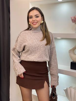Taş Renk Omuz Gold Düğmeli Kazak
