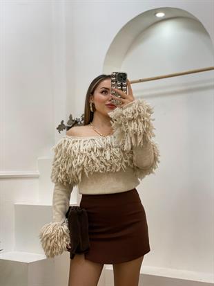 Taş Renk Püskül İp Detaylı Kazak