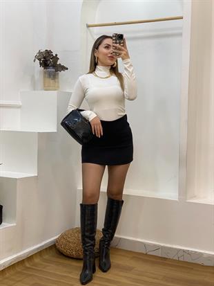 Taş Renk Yarım Boğazlı Modal Kumaş Basic Bluz