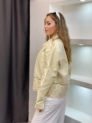 Tasarım Açık Sarı Gabardin Nakışlı Ceket 