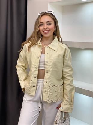 Tasarım Açık Sarı Gabardin Nakışlı Ceket 