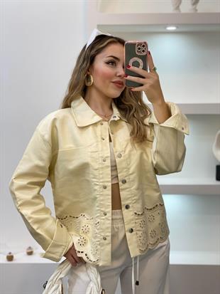 Tasarım Açık Sarı Gabardin Nakışlı Ceket 