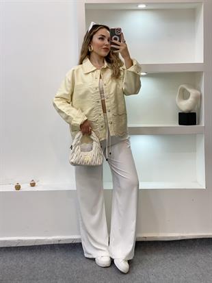 Tasarım Açık Sarı Gabardin Nakışlı Ceket 