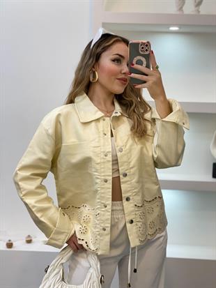 Tasarım Açık Sarı Gabardin Nakışlı Ceket 