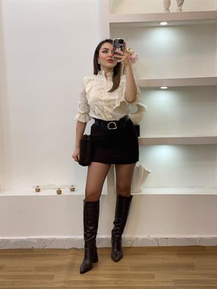 Tasarım Bej Fistolu Volanlı Gömlek 