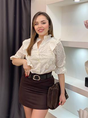 Tasarım Bej Fistolu Volanlı Gömlek 